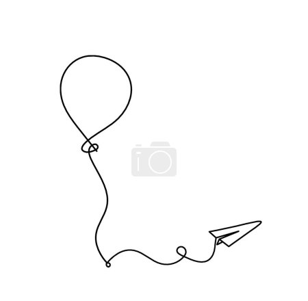 Téléchargez les illustrations : Abstract air balloon and paper plane as line drawing on white background - en licence libre de droit