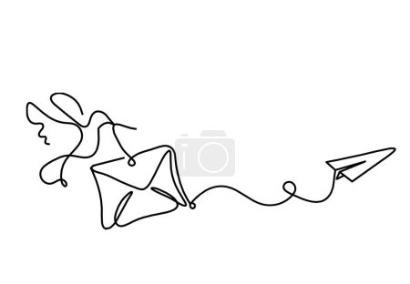 Téléchargez les illustrations : Enveloppe abstraite en papier avec plan oiseau et papier comme dessin au trait sur fond blanc - en licence libre de droit