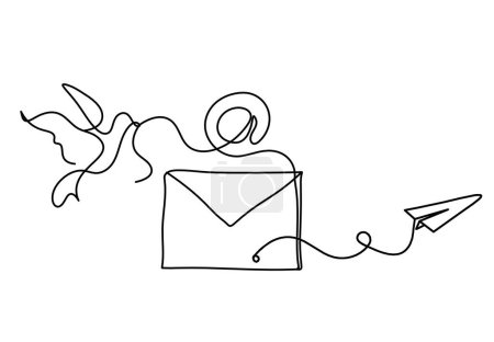 Téléchargez les illustrations : Enveloppe abstraite en papier avec plan oiseau et papier comme dessin au trait sur fond blanc - en licence libre de droit
