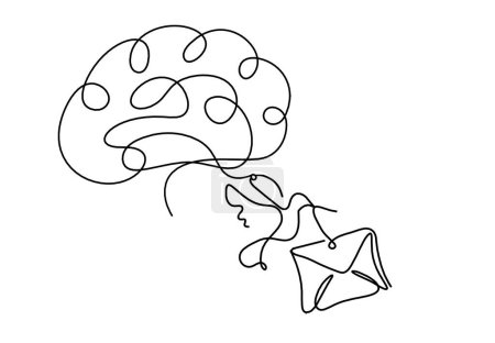 Illustration for Abstract paper envelope with bird and brain as line drawing on white background - Royalty Free Image