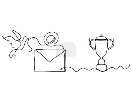 Téléchargez les illustrations : Abstract paper envelope with bird and trophy as line drawing on white background - en licence libre de droit