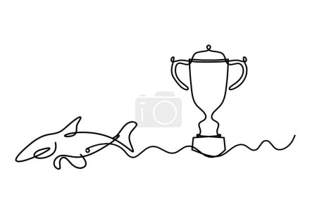 Illustration for Silhouette of fish and trophy as line drawing on white background - Royalty Free Image