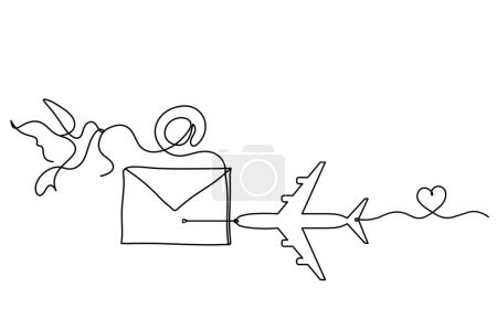 Téléchargez les illustrations : Abstract paper envelope with bird and plane as line drawing on white background - en licence libre de droit