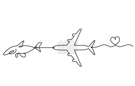 Téléchargez les illustrations : Silhouette of fish and plane as line drawing on white background - en licence libre de droit