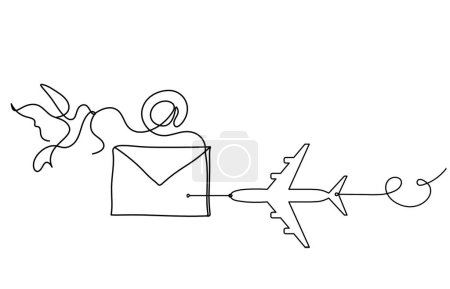 Illustration for Abstract paper envelope with bird and plane as line drawing on white background - Royalty Free Image