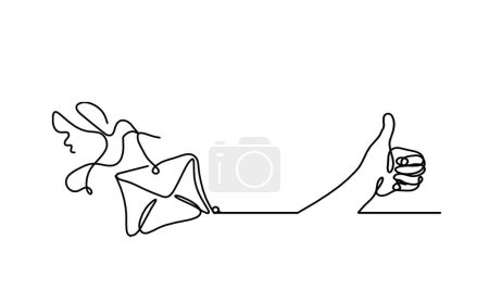 Téléchargez les illustrations : Enveloppe abstraite en papier avec oiseau et main comme dessin au trait sur fond blanc - en licence libre de droit