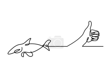 Téléchargez les illustrations : Silhouette of fish and hand as line drawing on white background - en licence libre de droit