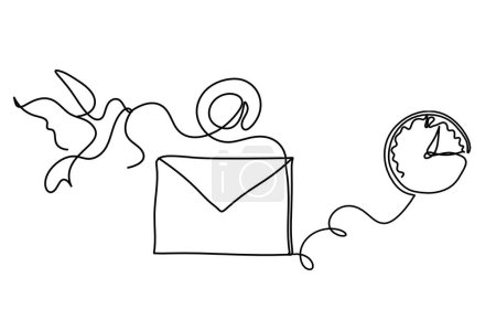 Ilustración de Sobre de papel abstracto con pájaro y reloj como dibujo en línea sobre fondo blanco - Imagen libre de derechos