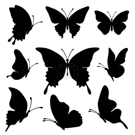 Téléchargez les illustrations : Ensemble de silhouette papillons noirs sur fond blanc - en licence libre de droit
