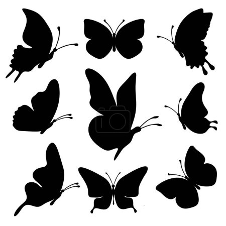 Téléchargez les illustrations : Set of silhouette black butterflies on white background - en licence libre de droit