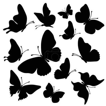 Ilustración de Set of silhouette black butterflies on white background - Imagen libre de derechos