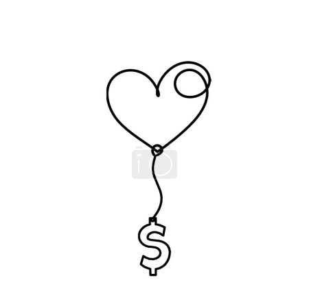 Illustration for Abstract heart with dollar as continuous line drawing on white background - Royalty Free Image