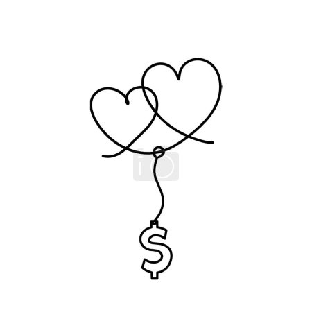Téléchargez les illustrations : Coeur abstrait avec dollar comme dessin en ligne continue sur fond blanc - en licence libre de droit