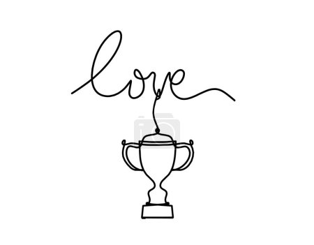 Téléchargez les illustrations : Calligraphic inscription of word "love" and trophy cup as line drawing on white background - en licence libre de droit