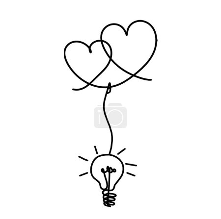 Téléchargez les illustrations : Coeur abstrait avec ampoule comme dessin en ligne continue sur fond blanc - en licence libre de droit