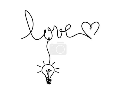 Ilustración de Inscripción caligráfica de la palabra "amor" con corazón y bombilla como dibujo de línea continua sobre fondo blanco - Imagen libre de derechos