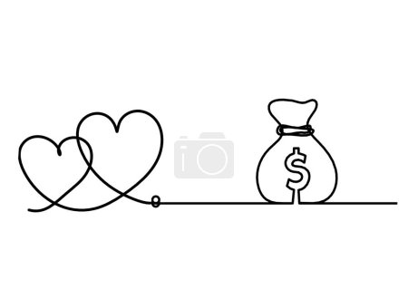 Téléchargez les illustrations : Coeur abstrait avec dollar comme dessin en ligne continue sur fond blanc - en licence libre de droit