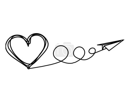 Illustration for Abstract heart with paper plane as continuous line drawing on white background - Royalty Free Image