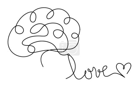 Téléchargez les illustrations : Inscription calligraphique du mot "amour" et du cerveau comme dessin au trait sur fond blanc - en licence libre de droit