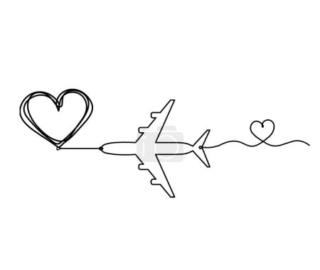 Illustration for Abstract heart with plane as continuous line drawing on white background - Royalty Free Image
