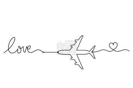 Ilustración de Inscripción caligráfica de la palabra "amor" y plano como dibujo de línea continua sobre fondo blanco - Imagen libre de derechos