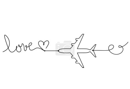 Téléchargez les illustrations : Calligraphic inscription of word "love" and plane as continuous line drawing on white background - en licence libre de droit