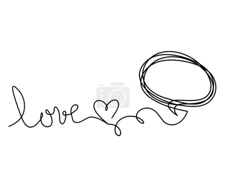 Illustration for Calligraphic inscription of word "love" with heart and speech bubble as continuous line drawing on white background - Royalty Free Image