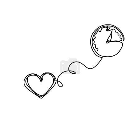 Ilustración de Corazón abstracto con reloj como dibujo de línea continua sobre fondo blanco - Imagen libre de derechos