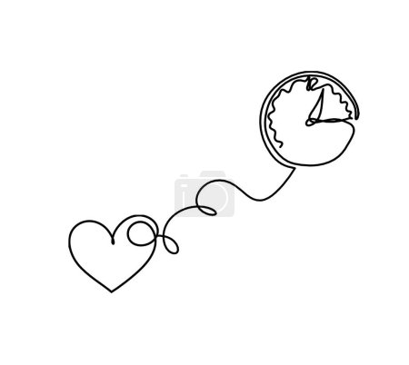 Téléchargez les illustrations : Abstract heart with clock as continuous line drawing on white background - en licence libre de droit