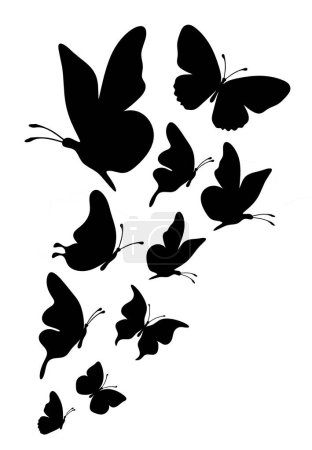 Ilustración de Manada de siluetas de mariposas negras sobre fondo blanco - Imagen libre de derechos