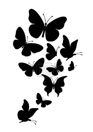 Téléchargez les illustrations : Troupeau de papillons noirs silhouette sur fond blanc - en licence libre de droit