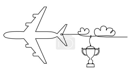 Illustration for Abstract plane with trophy as line drawing on white background - Royalty Free Image