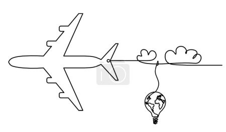 Illustration for Abstract plane with light bulb as line drawing on white background - Royalty Free Image