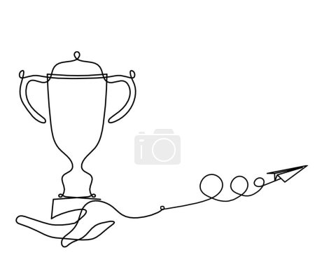 Illustration for Abstract cup with paper plane as continuous lines drawing on white as background - Royalty Free Image