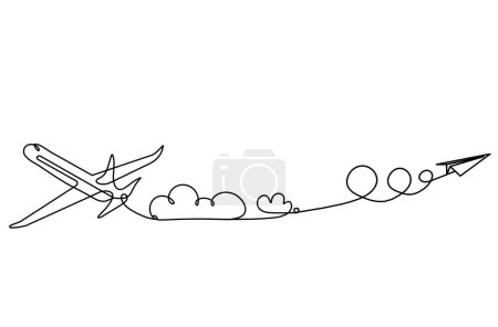 Illustration for Abstract plane with paper plane as line drawing on white background - Royalty Free Image
