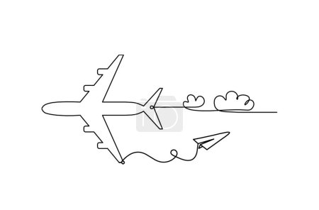 Illustration for Abstract plane with paper plane as line drawing on white background - Royalty Free Image