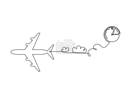 Illustration for Abstract plane with clock as line drawing on white background - Royalty Free Image