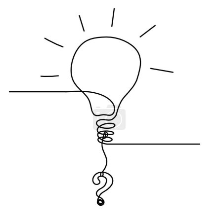 Ilustración de Bombilla de luz abstracta con signo de interrogación como dibujo de línea sobre fondo blanco - Imagen libre de derechos