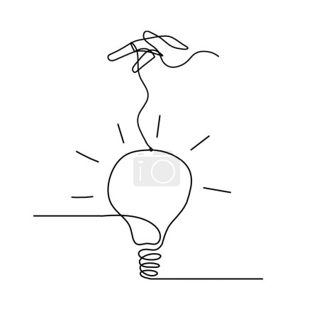 Illustration for Abstract light bulb with hand as line drawing on white background - Royalty Free Image