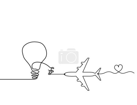 Illustration for Abstract light bulb with plane as line drawing on white background - Royalty Free Image