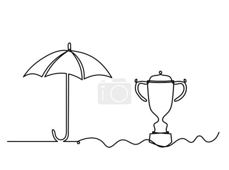 Illustration for Abstract umbrella with trophy as line drawing on white background - Royalty Free Image