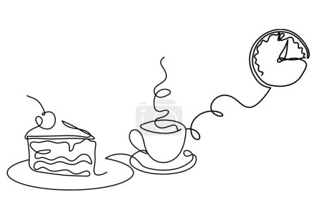 Téléchargez les illustrations : Tranquillité abstraite du gâteau et de l'horloge comme lignes continues dessinant sur fond blanc - en licence libre de droit