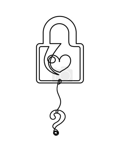 Ilustración de Bloqueo de corazón abstracto con signo de interrogación como dibujo de línea continua sobre fondo blanco - Imagen libre de derechos