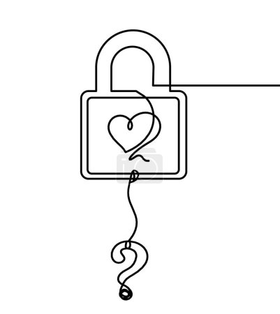 Illustration for Abstract heart-lock with question mark as continuous line drawing on white background - Royalty Free Image