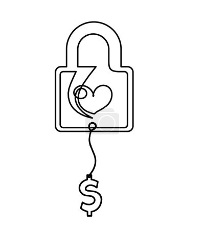 Illustration for Abstract heart-lock with dollar as continuous line drawing on white background - Royalty Free Image