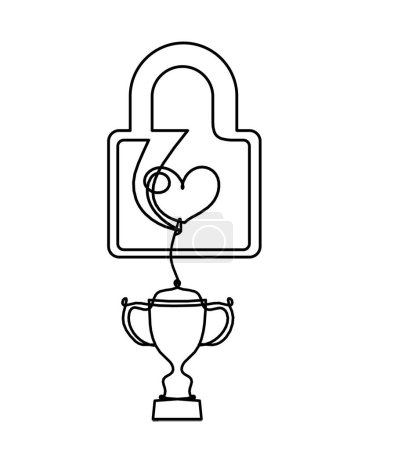 Illustration for Abstract heart-lock with trophy as continuous line drawing on white background - Royalty Free Image