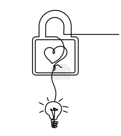 Téléchargez les illustrations : Résumé coeur-serrure avec ampoule comme dessin en ligne continue sur fond blanc - en licence libre de droit