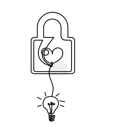 Illustration for Abstract heart-lock with light bulb as continuous line drawing on white background - Royalty Free Image