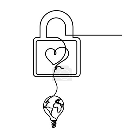 Illustration for Abstract heart-lock with light bulb as continuous line drawing on white background - Royalty Free Image