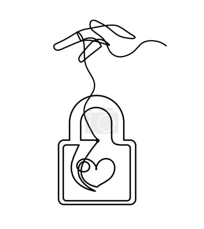Téléchargez les illustrations : Résumé coeur-serrure avec la main comme dessin en ligne continue sur fond blanc - en licence libre de droit